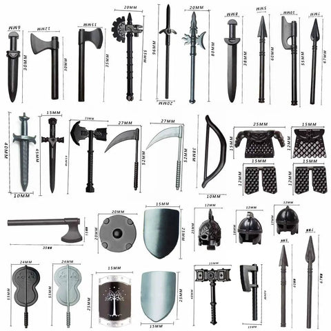 Medieval Weapons Kit With Helmet Armor Set 71 Piece Accessories Pack For DIY Brick Armies And Knight Orc Army Battles displayed