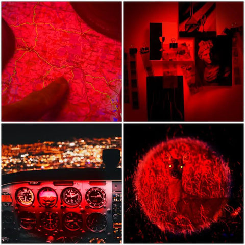 Collage showing uses of One Mode Red LED Flashlight High Power Red Light Torch For Night Astronomy Aviation Wildlife Watching