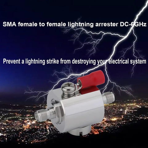 Lightning Arrestor Surge Protector For 50 Ohm Coax, SMA Female To SMA Female Bulkhead Connector, 0 To 6 GHz DC Pass shown on city backdrop