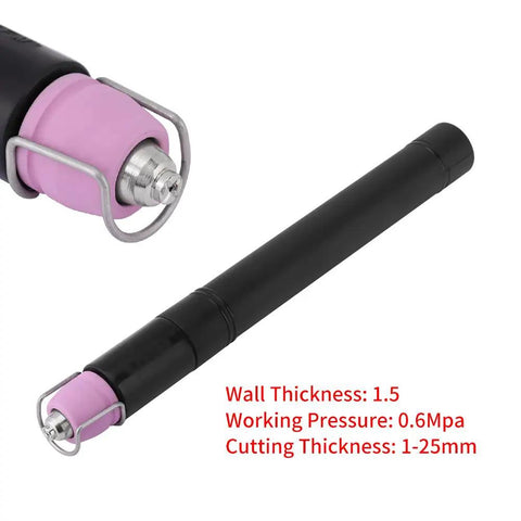 Straight Plasma Cutter Torch Body Replacement For Arc Air Systems, black finish, showing pink torch tip and specifications.