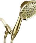 High Pressure 6 Setting Detachable Handheld Shower Head With Extra Long Flexible Hose Adjustable Metal Bracket Polished Brass Finish 2.5 GPM