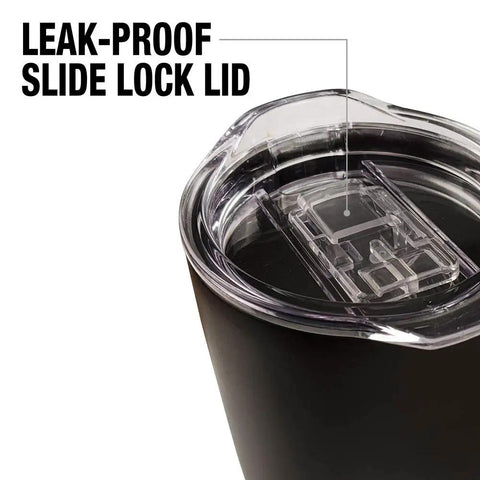 20 Oz Double Wall Vacuum Insulated Stainless Steel Tumbler With Slide Top Leakproof Lid showing the leak-proof slide lock lid design.