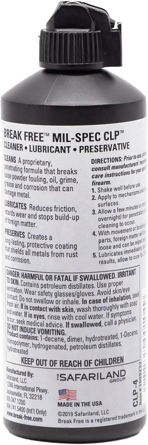CLP Gun Cleaner Lubricant And Preservative All In One With Cloth, 4 Fluid Ounces Squeeze Bottle, Synthetic Oil For Metal Surfaces, Deep Penetration To Break Loose Contaminants, Long Lasting Lubricating Film Reduces Wear And Corrosion black bottle label