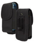 Laser Measure Case Holster With Belt Loop And Magnetic Closure For Bosch GLM100-23 GLM165-40 GLM165-25G MiLESEEY D5-70m DTAPE DT50 Huepar BLM-100G And Other Distance Meters, Durable Pouch With Metal Clip For Safe, Quick Access On The Job Site., black nylon laser measure holster with metal clip and belt loop, shown front view