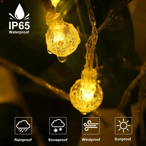 Close-up of glowing Battery Operated Outdoor String Lights 33Ft 100LED With Remote Timer 8 Modes Waterproof Mini Globe Lights For Bedroom Christmas Party Tent Patio Indoor Outdoor Decor against dark backdrop