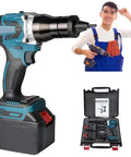 Close-up of Professional Cordless Riveting Nut Gun Featuring Rechargeable Lithium Battery And LED Light with tool case.