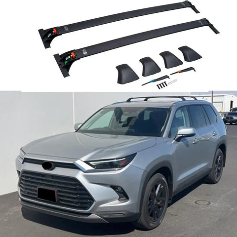 Badass Solid Heavy Duty Roof Rack Crossbar Fits Toyota Grand Highlander 2023 2024 2025 2026 Specific Fitment For Factory Rails Holds 150 Lbs Load Boosts Storage And Style Installing Quick Performs Like Magic For Outdoor Adventures Anytime. black aluminum crossbars and Toyota Grand Highlander with factory rails