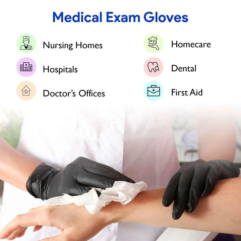Black Nitrile Disposable Gloves 4 Mil Thick 200 Pack Latex Free For Medical Exams being used in medical setting.