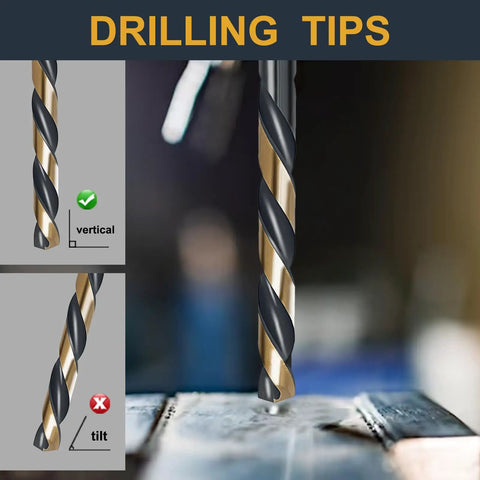 Close-up of Kickass Heavy Duty Cobalt Drill Bit Set with 135 Degree Sharp Tips showing vertical drilling tip on metal.