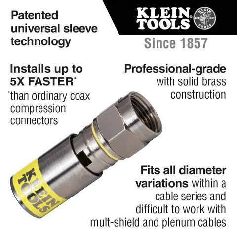 Image of Pro Grade Universal Compression F Connectors For RG6 And RG6Q Coax With Universal Sleeve Technology 50 Pack Fast Easy Install Works Across Cable Variations, showing solid brass construction and branded sleeve.
