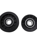 Kick Start Your Lawn Mowerdeck With This Epic Idler Pulley Kit Featuring GX20286 And GX20287 For D140 D130 D100 LA Series Zero Effort Belt Tracking And Smooth Cutting Performance Without Any Wobble. Two black sealed-bearing mower deck idler pulleys
