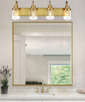 4 Light Vanity Light In Painted Gold Finish With Clear Glass Shades, Farmhouse Style Wall Lamp Fixture For Indoor Use in bathroom