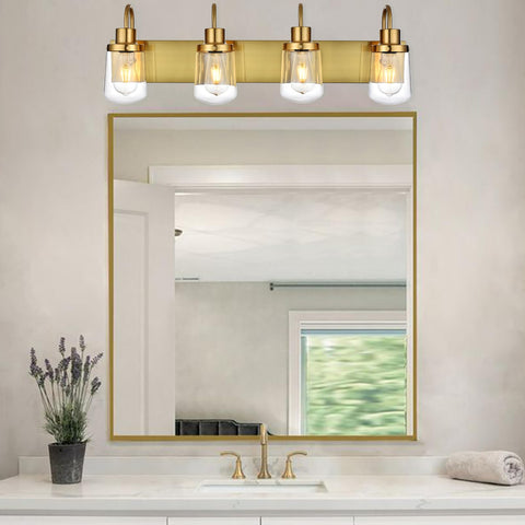 4 Light Vanity Light In Painted Gold Finish With Clear Glass Shades, Farmhouse Style Wall Lamp Fixture For Indoor Use in bathroom