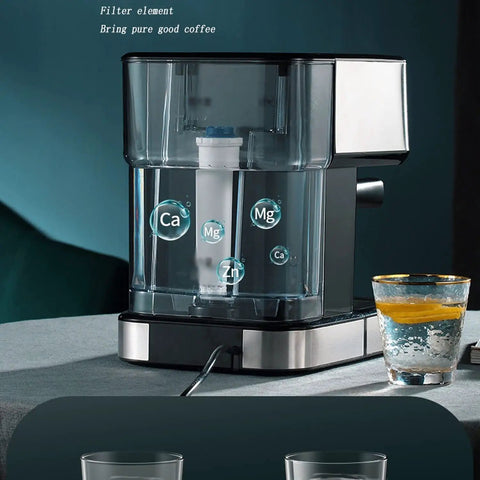 ROCK SOLID SEMI AUTOMATIC ESPRESSO MAKER BOASTS 20 BAR PRESSURE EXTRACTION AND A BUILDER GRADE STEEL STEAM WAND FOR HELLA RICH MILK FOAM PLUS INTUITIVE TEMPERATURE CONTROL AND 1050 WATT SILVER BUILD with visible water filter element and mineral indicators.