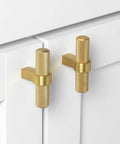 Knurled Brass Gold Steel T Bar Cabinet Knobs Pack Of Fifty Premium Euro Style Pulls For Drawers And Doors on white cabinets.