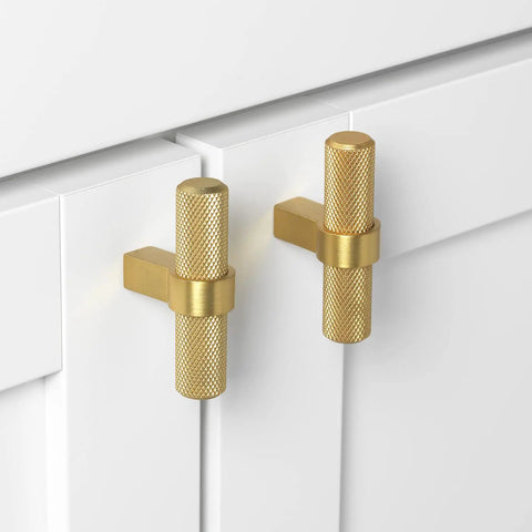 Knurled Brass Gold Steel T Bar Cabinet Knobs Pack Of Fifty Premium Euro Style Pulls For Drawers And Doors on white cabinets.