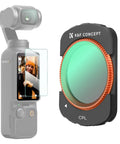 Osmo Pocket 4x3 Magnetic CPL Filter with Multi Coated HD Optical Glass for DJI Osmo Pocket 4x3 Camera, shown beside the camera