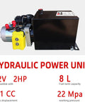 Heavy Duty Single Acting Hydraulic Pump 8 Quart Power Unit With 12V DC Motor And SAE #6 Fittings For Dump Trailers And Car Lifting Applications Durable Corrosion Resistant Steel Construction High Pressure Performance, 8L tank.