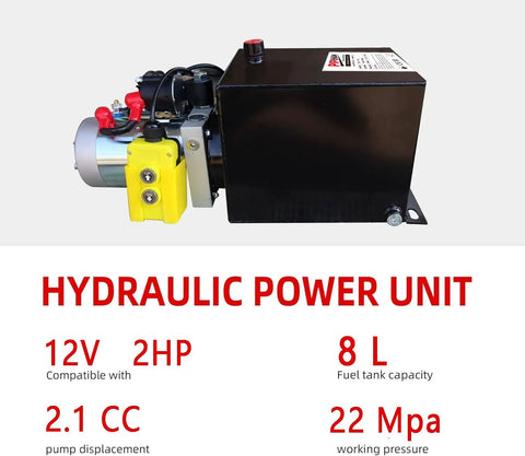 Heavy Duty Single Acting Hydraulic Pump 8 Quart Power Unit With 12V DC Motor And SAE #6 Fittings For Dump Trailers And Car Lifting Applications Durable Corrosion Resistant Steel Construction High Pressure Performance, 8L tank.