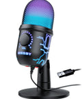 Gaming USB Mic With RGB LED Lights For PC Mac PS4 PS5 Dope Condenser Podcast Mic with stand and USB cable visible