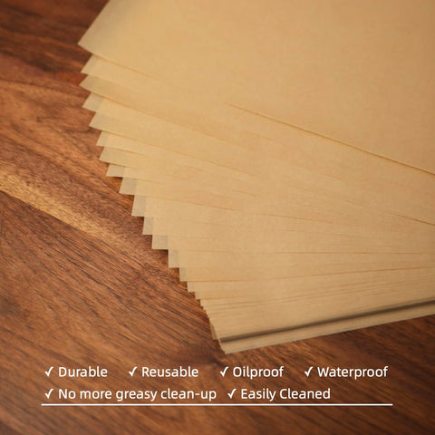 Heavy Duty 6X6 Inch Pre Cut Parchment Paper Squares 19200 Ct Bulk Case shown stacked on wood surface, durable and oilproof.