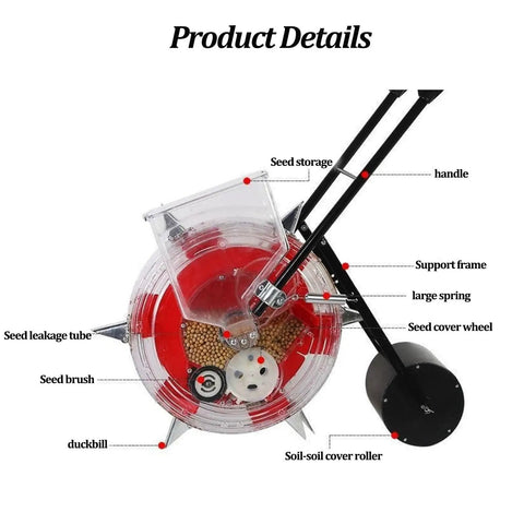 Top view of Manual Garden Seeder With Large 16L Seed Capacity, showing seed storage, handle, and soil-soil cover roller.