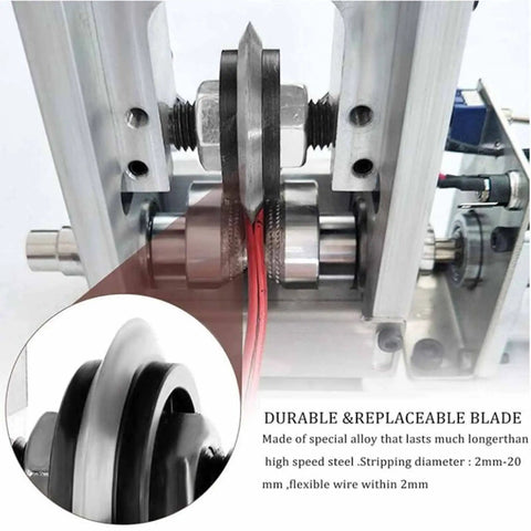 Close-up view of GfsgHzz 35W Automatic Wire Stripper Machine blades showing durable replaceable components for effective wire stripping.