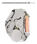 Close-up of Dope Three Hand Quartz Watch Movement 2035 Replacement mechanism in metal with visible coil and gears.