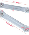 4 Pack 6.9 Inch Glider Bearing Arm Brackets With 5.5 Inch Center Spacing In Silver Iron, No Fuss Factory Sealed Ball Bearings For Low Maintenance, Quarter Inch Bearing Hole, 1.42 Inch Head Diameter, 1.1 Inch Band Width, 6.9-inch glider arm bracket dimensions