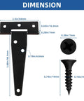 Dimensions diagram of 4 inch black wrought iron Light Duty T Strap Hinges for Barn Doors and Gates with corresponding black screws.