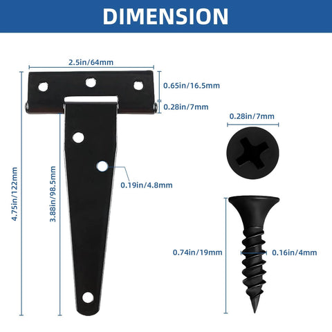 Dimensions diagram of 4 inch black wrought iron Light Duty T Strap Hinges for Barn Doors and Gates with corresponding black screws.