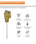 3/4 inch T&P valve for water heaters, brass body with extension probe and lever, high quality materials, ASME Section IV rated for safety.