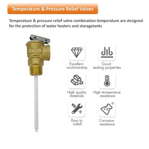 3/4 inch T&P valve for water heaters, brass body with extension probe and lever, high quality materials, ASME Section IV rated for safety.