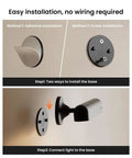 Installation instructions for Wireless Rechargeable Wall Sconces Featuring 7500mAh Battery Power showing adhesive and screw methods.