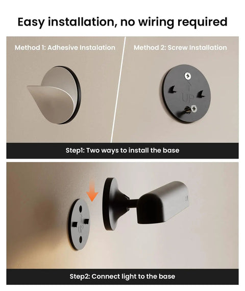 Installation instructions for Wireless Rechargeable Wall Sconces Featuring 7500mAh Battery Power showing adhesive and screw methods.