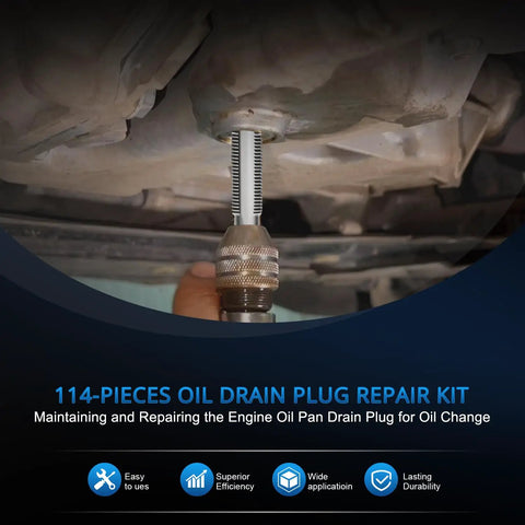 Pro Grade Oil Pan Drain Plug Thread Repair Kit 114 Piece Universal Set in use for engine oil sump repair and maintenance.