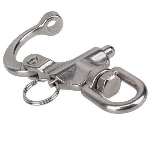 Heavy Duty Stainless Steel Swivel Eye Snap Shackle 5 Inch Marine Grade Boat Rigging Hardware with polished finish.