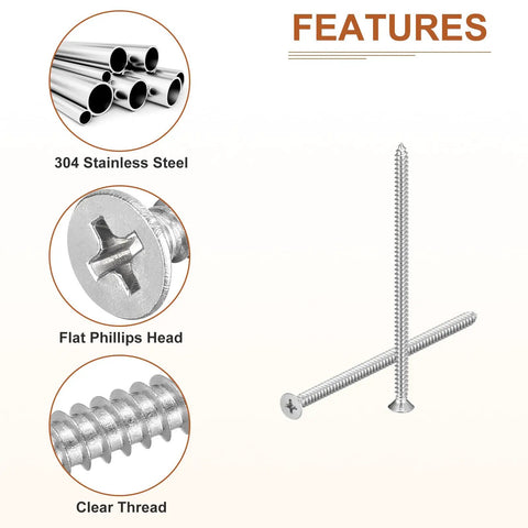 No Sweat Heavy-Duty Flat Head Wood Screws 304 Stainless Steel Self Tapping Size 10X4 Inch showing flat Phillips head and clear thread design.