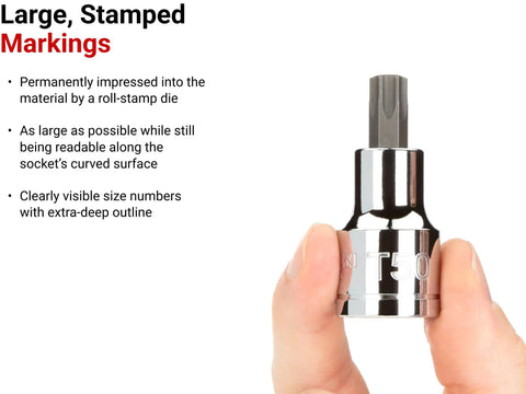 Close-up of hand holding a Torx socket from 43-Piece Drive Torx And External Star Socket Set With Rails, large stamped markings visible