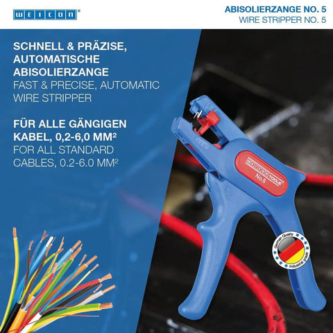 Automatic Wire Stripper No 5 With Side Cutter For 0.2 To 6 Mm2 Cables displayed with colorful wires
