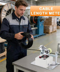 Man using Pro Grade Dead On Accuracy Digital Measuring Wheel For Cable And Wire Length Portable Rolling Encoder with wire.