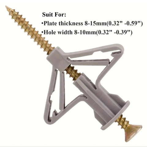 Close-up of 100 Pack Self Drilling Anchor Screws M3.5 Hollow Wall Kit with expansion tubes and zinc-plated screws for drywall.