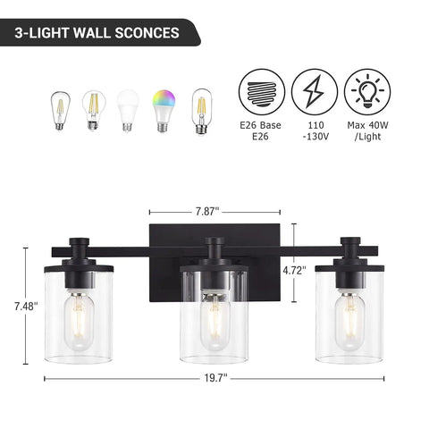 Three Light Black Vanity Light With Clear Glass Shade For Bathroom Living Room Hallway And Bedroom Slick Waterproof Metal Sconce With Modern Vintage Style Fixture, dimensions displayed