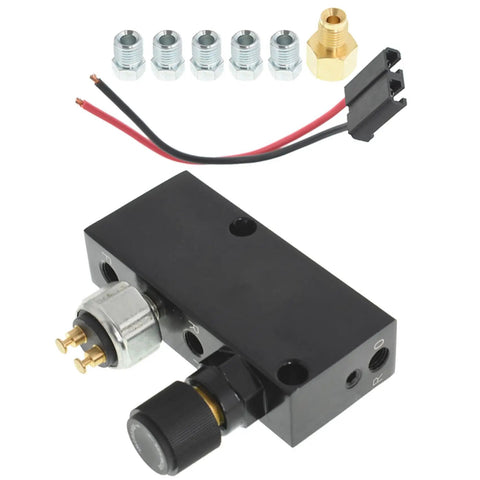 Adjustable Proportioning Valve And Distribution Block Drop In Kit With Stainless Steel 3 16 Brake Line Fittings And Light Switch Wiring Pigtail top view with fittings and wires.