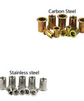 Super Cool Flat Head Threaded Insert Nuts M3 To M12 Plus Knurled Grip Body Steel Rivet Nuts With Countersunk Design displayed in carbon steel and stainless steel.