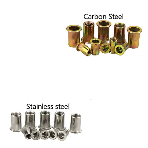 Super Cool Flat Head Threaded Insert Nuts M3 To M12 Plus Knurled Grip Body Steel Rivet Nuts With Countersunk Design displayed in carbon steel and stainless steel.