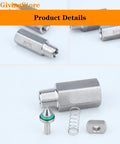 1/4 in NPT stainless steel check valve, female to male threaded, disassembled with spring and seal components