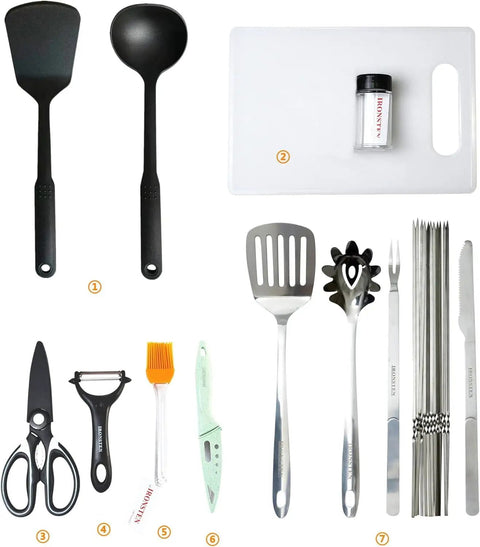 All In One Camping Cooking Utensils Set With 40 Pieces Portable Kitchen Kit For Outdoor Grilling Picnics RV And Car Campers Tent Camping And BBQ Essentials Gear displayed on table