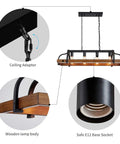 Dope Four Light Metal Pot Rack Chandelier With Faux Wood Grain Finish showing ceiling adaptor, wooden lamp body, and safe E12 socket