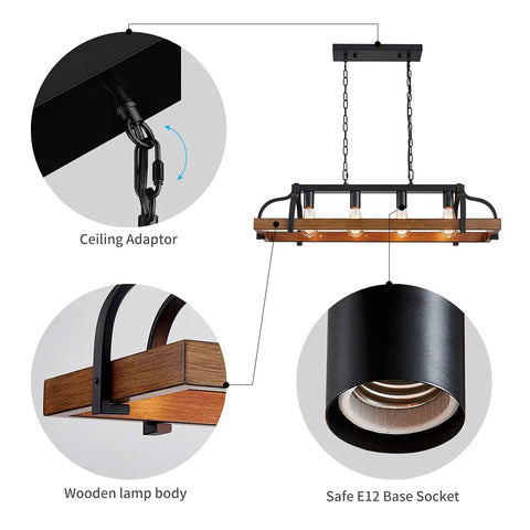Dope Four Light Metal Pot Rack Chandelier With Faux Wood Grain Finish showing ceiling adaptor, wooden lamp body, and safe E12 socket